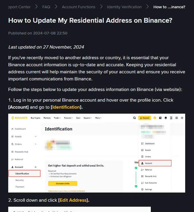 The Binance help page on updating a residential address, with the Edit Address steps