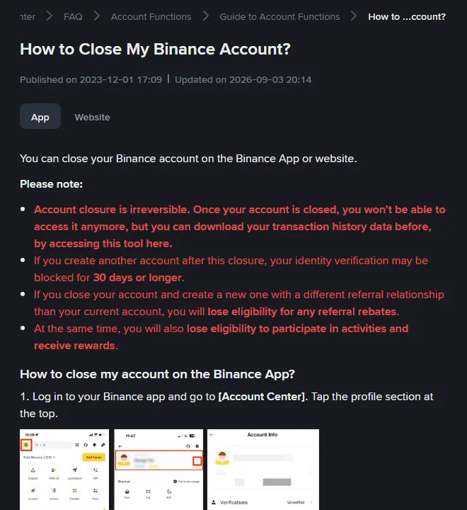 The Binance account closure page, whose warnings include the 30-day or longer verification block on a new account