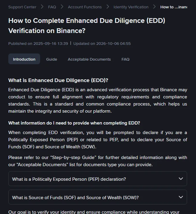 The Binance help page on completing enhanced due diligence verification, with Introduction, Guide, Acceptable Documents and FAQ tabs