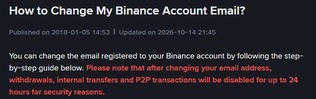 The top of the Binance help page on changing the account email, updated 14 October 2026, with the warning that withdrawals, internal transfers and P2P transactions are disabled for up to 24 hours