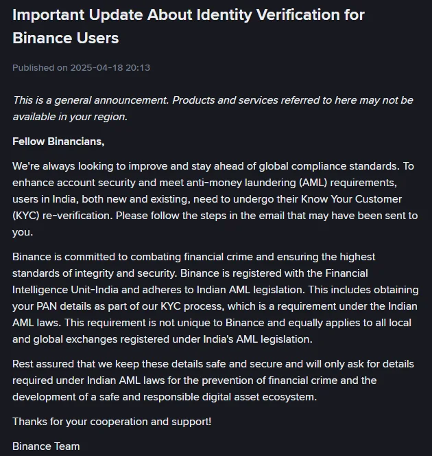 Binance announcement titled Important Update About Identity Verification for Binance Users, published 18 April 2025, with the paragraph saying Binance obtains PAN details as part of its KYC process under Indian AML laws