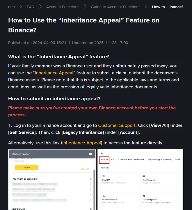 The Binance help page on the Inheritance Appeal feature, with the note that the claimant must create their own Binance account first