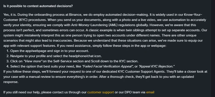 Binance privacy portal answer to Is it possible to contest automated decisions, with four steps ending in Failed Facial Verification Appeal or Appeal KYC Rejection and a manual review by a KYC support agent