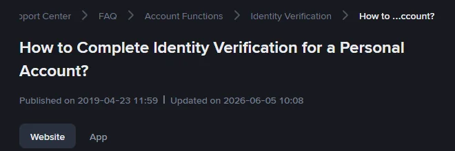 The Binance help page on identity verification for a personal account, with the update date at the top