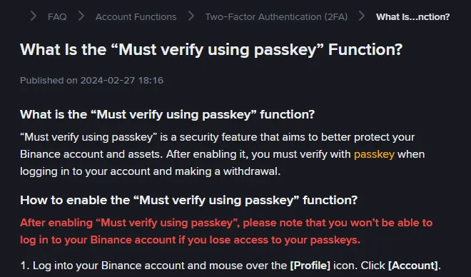 The Binance help page on the Must verify using passkey function, with the warning that you cannot log in after losing passkeys