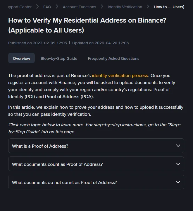 The Binance help page on verifying a residential address, with the overview, step-by-step guide and FAQ tabs