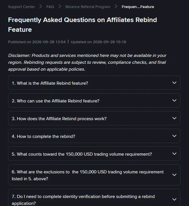 The Binance help page on the Affiliates Rebind Feature, one of the three pages whose conditions this checker applies