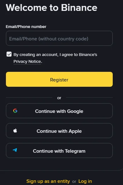 The Binance sign-up page with the email field and Register button in the centre, and the small line Sign up as an entity or Log in at the bottom