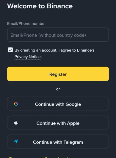 The Binance sign-up page on a phone: email or phone field, Register button and the Continue with Google, Apple and Telegram options