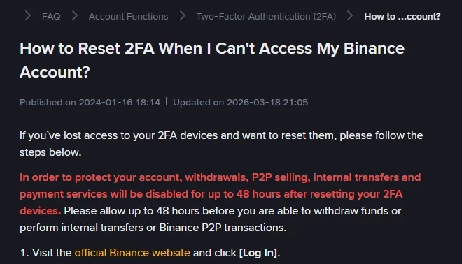 The Binance help page on resetting 2FA when you cannot access the account, with the 48-hour notice at the top