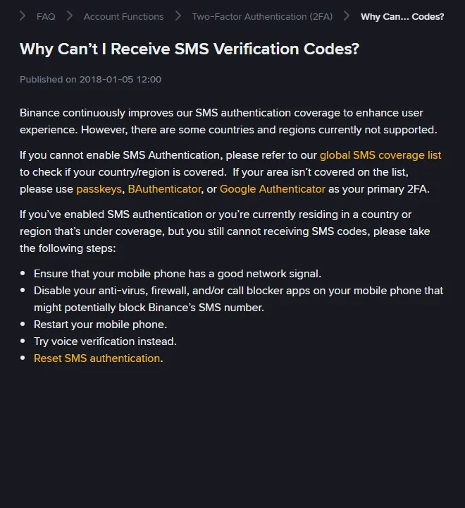 The Binance help page on SMS verification codes that do not arrive, listing the coverage check and the five fixes