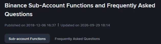 The top of the Binance help page titled Binance Sub-Account Functions and Frequently Asked Questions, updated 29 September 2026, with its Sub-account Functions and Frequently Asked Questions tabs