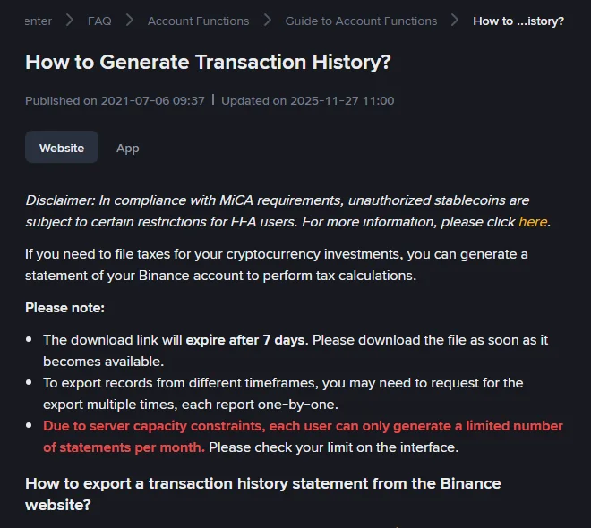 The Binance help page on generating transaction history, with the warnings that the download link expires after 7 days and that statements per month are limited