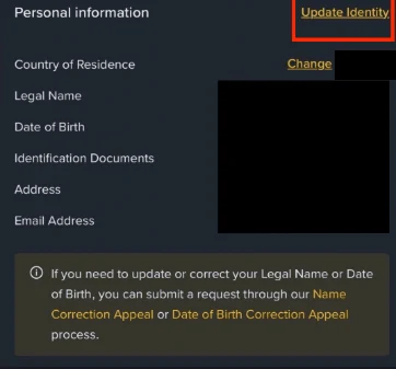 Binance app Verification Center screenshot from Binance's identity update help page: the Update Identity link beside Personal information, and a note that the legal name or date of birth can be corrected through a Name Correction Appeal or a Date of Birth Correction Appeal