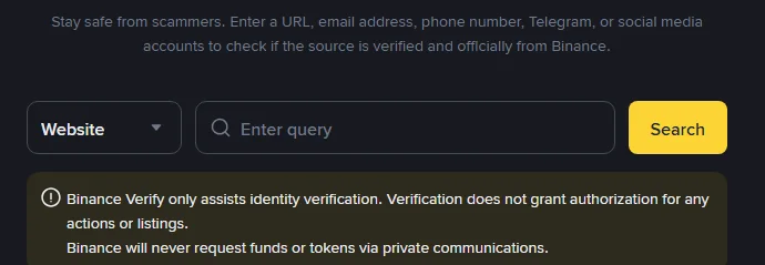 The Binance Verify page: a drop-down to choose Website, a search field, and a notice that Binance will never request funds or tokens via private communications