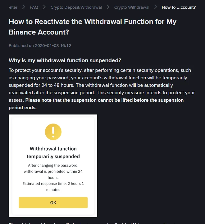 The Binance help page on reactivating the withdrawal function, explaining the 24 to 48 hour suspension after security changes