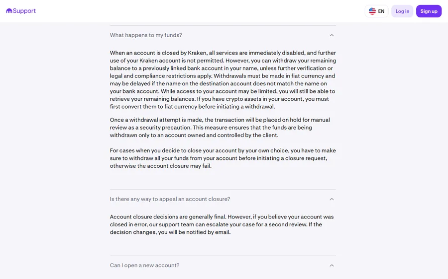 The Kraken support page on account closures, with the answers on what happens to funds and whether a closure can be appealed