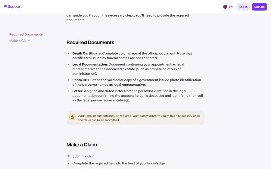 The Kraken support page on deceased client account claims, listing the death certificate, legal documentation, photo ID and signed letter it requires