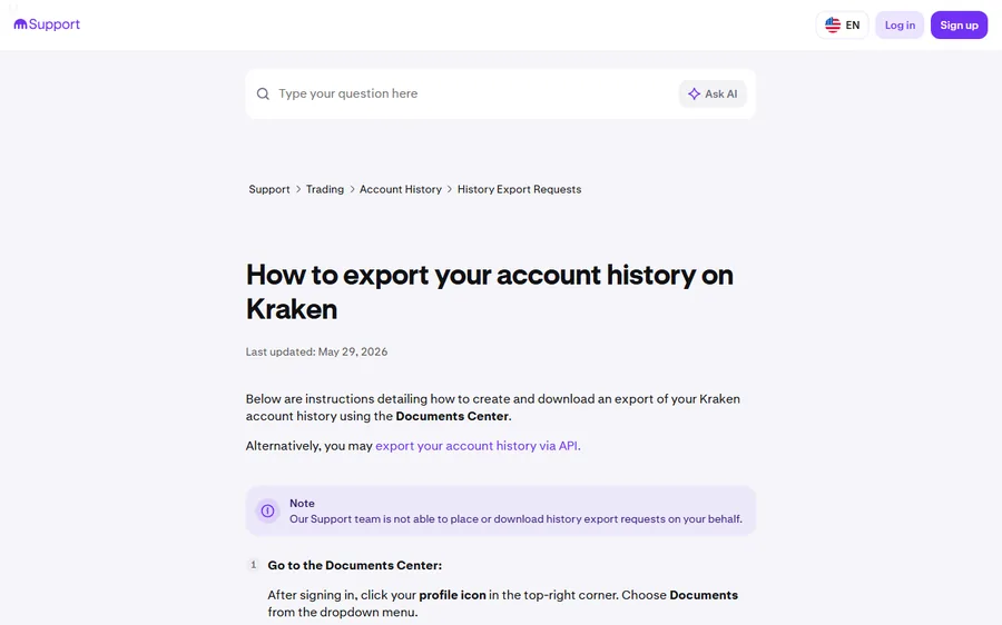 The Kraken support page on exporting account history, with the note that the support team cannot place or download export requests on a client's behalf